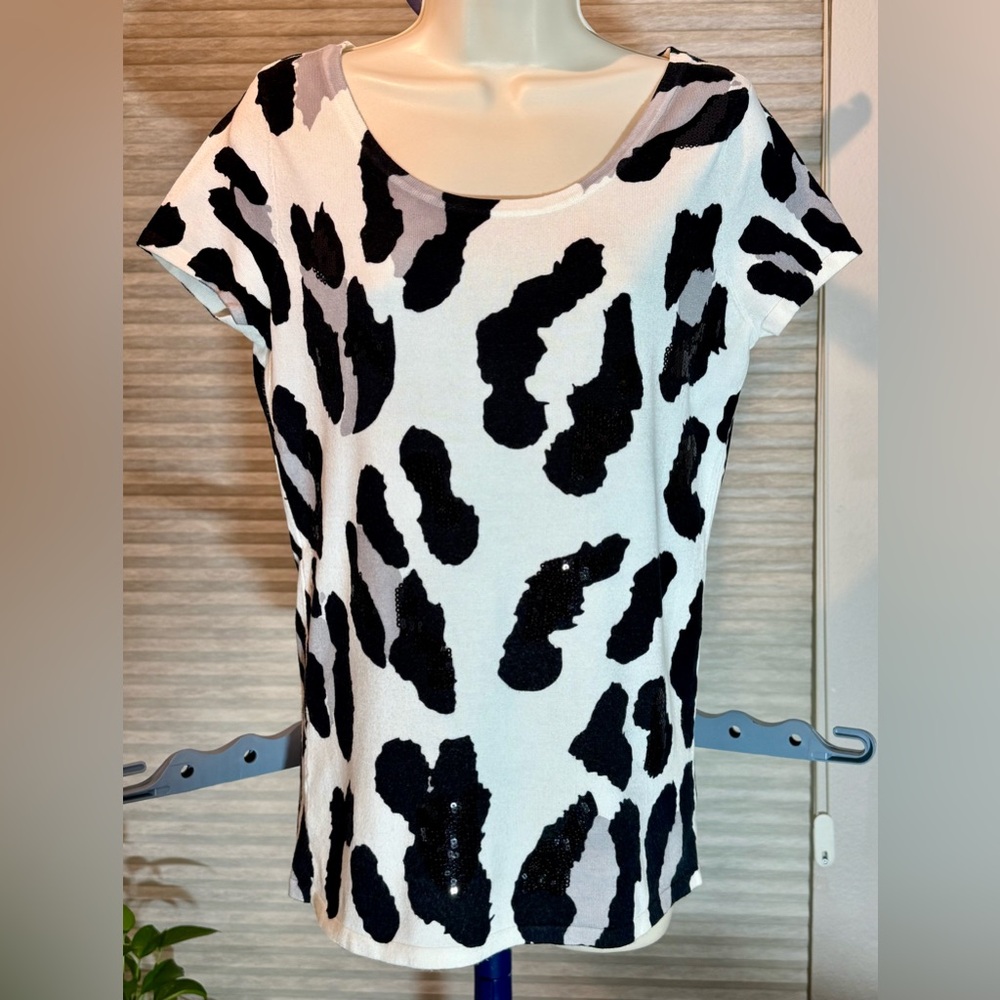 INC International Concepts Black, Grey and White Animal Print Scoop Neck Top